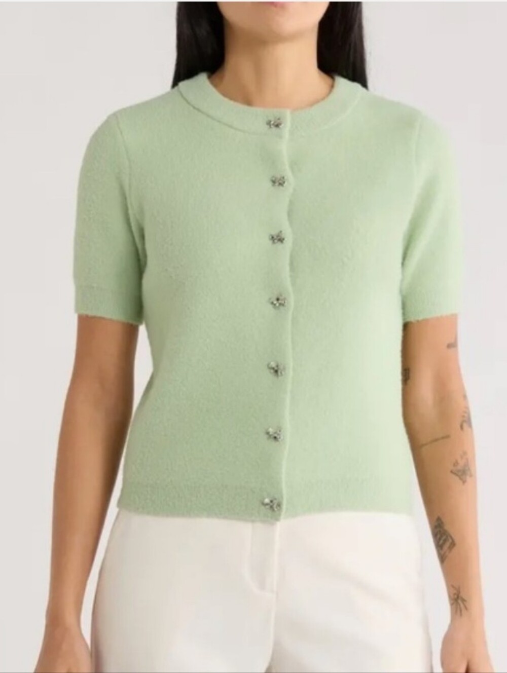 EUC Muse Womens Size Large Soft Mint Short Sleeve Bow Buttons Cardigan